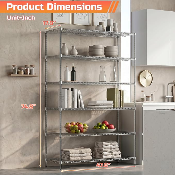 FDW 48 inch L×18 inch W×76 inch H Wire Shelving Unit Metal Shelf with 6 Tier Casters Adjustable Layer Rack Strong Steel for Restaurant Garage Pantry Kitchen Garage, Chrome