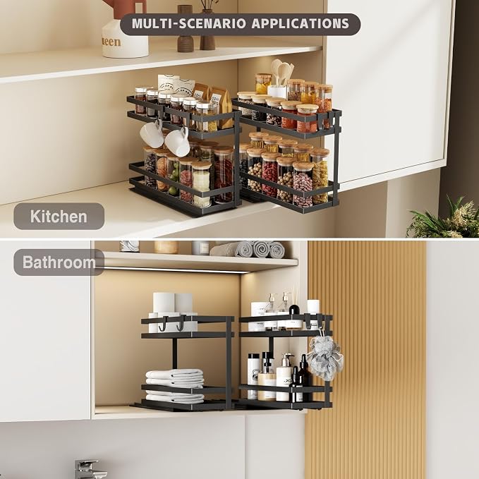 Magheo Pull Out Spice Rack Organizer for Cabinet, 4 Pack Metal Seasoning Organizer Slide Out Spice Storage Shelf No Assembly Vertical Spice Rack Pullout for Kitchen & Bahthroom No Drill(2 Tier,Black)