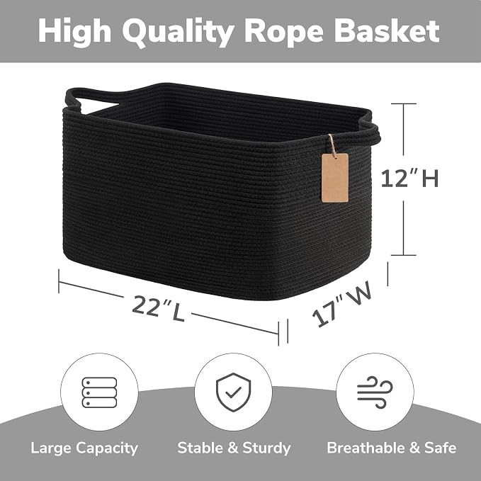 Goodpick Extra Large Woven Blanket Baskets, Cotton Rope, Black | 75L, 22 × 17 × 12 in, Reinforced Handles, Nursery Essentials Organization, Blankets, Pillows, Toys & Clothes Storage
