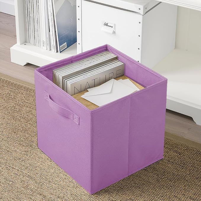 PowerKing Collapsible Storage Cubes, Farbic Storage Bins, Purple, 2 Pack | Sturdy, Lightweight, Easy Pull Handle, Closet & Shelf Organizer, Clothes and Toys Storage, 10.5'' x 11'' x 10.5''