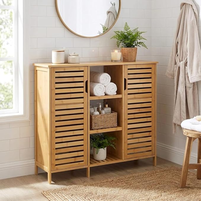 RoyalHouse Bamboo Floor Cabinet with 2 Shutter Doors and 3 Open Shelves, Freestanding Organizer for Bathroom, Kitchen, Living Room, Eco-Friendly and Durable, Brown