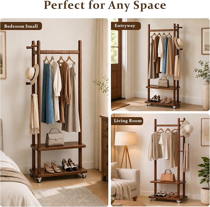 Taitiy Coat Rack Freestanding Wood Garment Rack 2 Shelves 5 Hooks | Bedroom hallway entryway living room hotel, durable wood construction, mobile wheel design, coats clothes bags storage