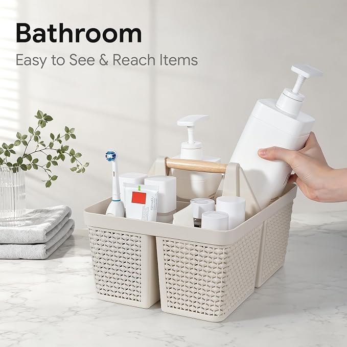 UUJOLY Portable Plastic Shower Caddy Basket with Wooden Handle, Beige | Divided Storage Organizer Tote for Bathroom, Dorm, College, Kitchen & RV – Lightweight, Easy-Carry Essentials Caddy