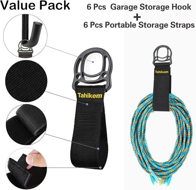 6 Pack 7-Inch Wall Mount Garage Storage Hooks for Ladder & Tools | Wall Mounted, Rust Resistant,Hooks with Installation, J Hooks for Ladder, Bike, Cable Bracket(Max 30 lbs)