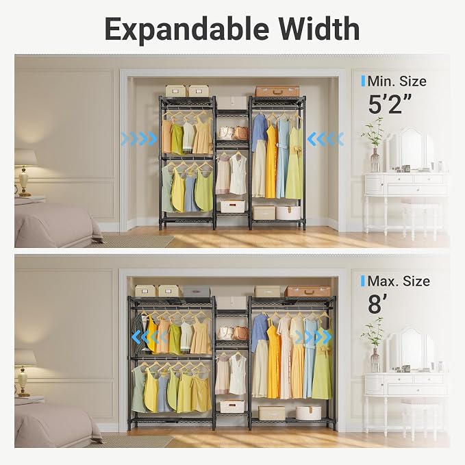 VIPEK Classic V6X Dynamic Closet System, Expandable Garment Rack | Adjustable Width 62"-96" Expandable Freestanding Clothes Rack with Shelves & Hanging Rods for Reach-in Closet