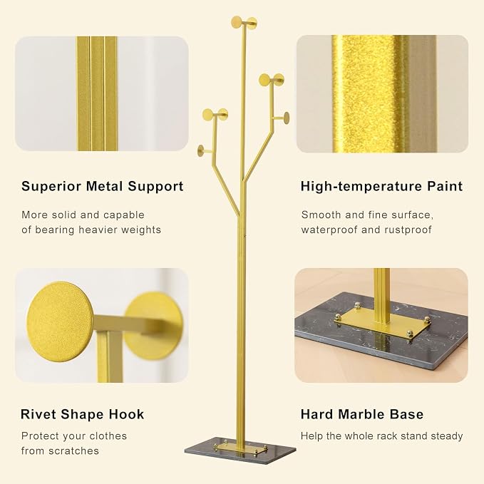 JIAYUEJU Freestanding Coat Rack Coat tree for Entryway Bedroom (Gold) | Tree-shaped, Easy Assembly, Space Saver, Heavy Duty, Metal Frame, Marble Base, 8 Hooks, Living Room, Office, Corner