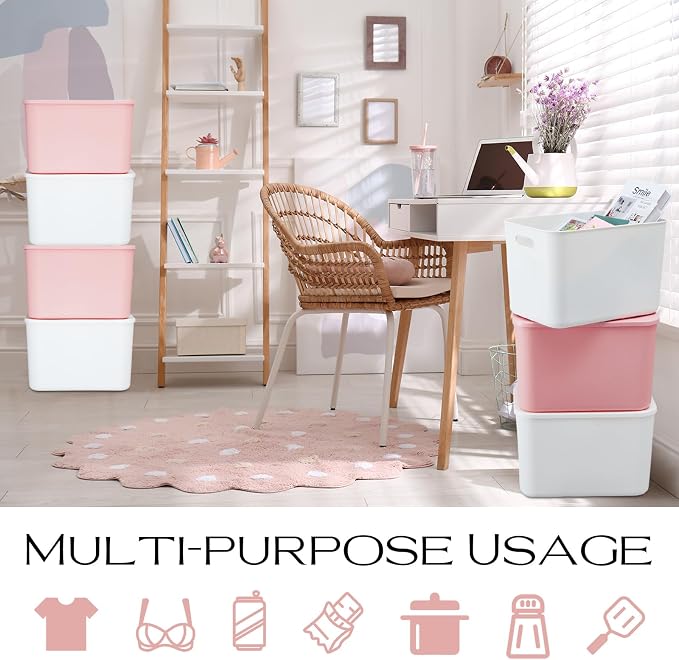 8 Pieces Colorful Storage Bins with Lid, Plastic Storage Basket Organizing Container Stackable Box with Handle for Shelves Desktop Playroom Office(14.2 x 10.2 x 9.5 Inch,White and Pink)