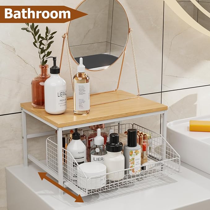 KLM Pull Out Spice Rack Organizer for Cabinet,Rustic Wood Top with Wire Basket Storage,Kitchen Countertop Organizer and Storage for Pantry, Counter top,Coffee Station Wood. (Natural)