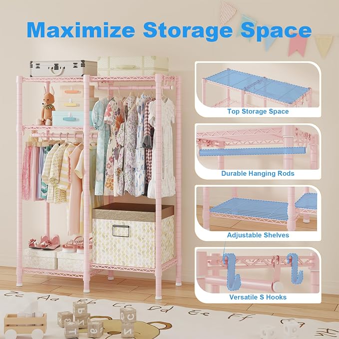 F1 Clothes Rack for Kids, Baby, Students, and Children's Room, 4 Tiers Portable Metal Closet Clothing Rack, Small Garment Rack with 2 Hanging Rod, 31.2" W x 11.8" D x 48" H, Pink | Clothing Rack for Baby and Children's Room, Small Freestanding Clothes ...
