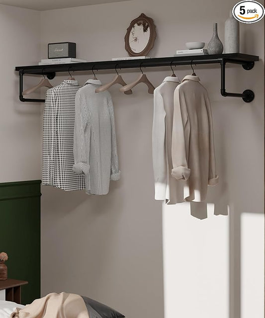Clothes Rack 60in, Wall Mounted Garment Racks with Black Solid Wood Shelf, Heavy Duty Hanging Clothes Rack, Multi-Purpose Hanging Rod, Space-Saving Closet Storage