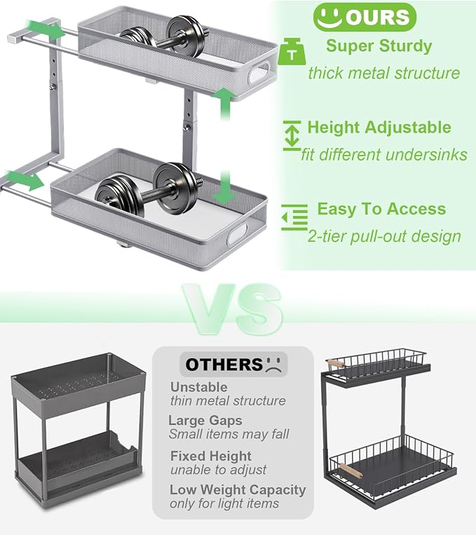 Under Sink Organizer 2 Pack, High Adjustable 2 Tier Under Sink Organizers and Storage, Slide out Metal Cabinet Organizers, Pull out Storage Drawer Shelf for Kitchen Bathroom Cabinet (Gray)