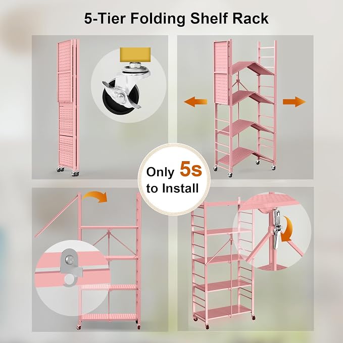 Himix Storage Shelves with 20 Hooks, 5-Tier Foldable Shelves for Storage, Folding Shelf Unit Pantry Shelves with Wheels, Standing Shelving Unit for Kitchen Garage Home Office Room Greenhouse, Pink