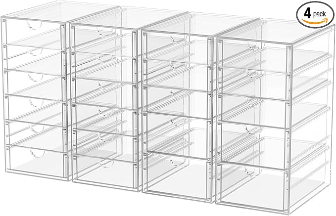 caktraie 4-Pack 22-Drawer Acrylic Storage & Makeup Organizer for Desk | Smooth-glide drawers, clear acrylic, stackable, dustproof, wipe clean, for office supplies, pens, paper clips, thumb drives