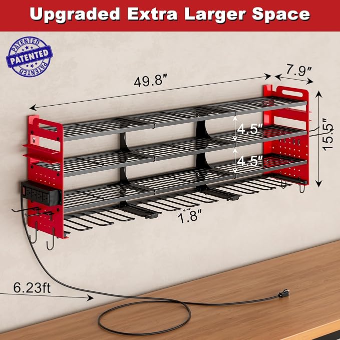 Power Tool Organizer Wall Mount, 12-Drill 4-Tier Charging Station, Red | Heavy-duty 4-Tier Metal Rack Stores 12 Drills; Side Pegboards and Screwdriver Slots Add Storage, Plus a 4-Outlet Power Strip