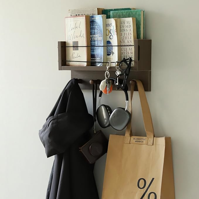 Entrance Coat Rack ，Coat Hooks, Wall-Mounted Wooden Hook Rack, Wall-Mounted Shelves are Very Suitable (Walnut Color Finish-B-1)
