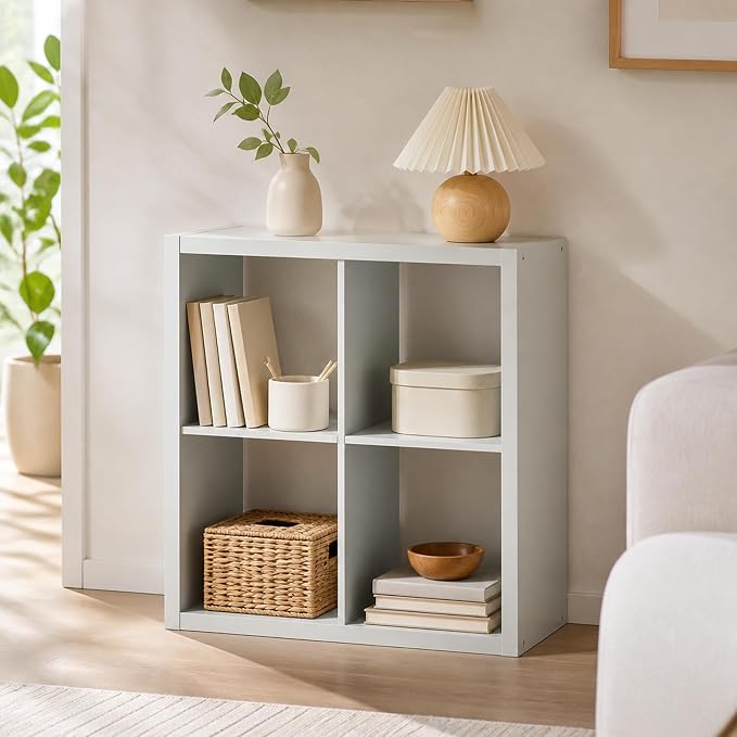 4-Cube Cubicle Bookshelf, Cube Bookcase with Open Back, Reversible Book Shelf, Cube Storage Organizer, 15 x 30 x 30, for Living Room, Home Office, Light Grey