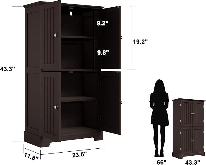 ChooChoo Bathroom Floor Cabinet with Adjustable Shelves | Bathroom Storage Cabinet, 4 Doors, Freestanding Cupboard for Living Room, Espresso