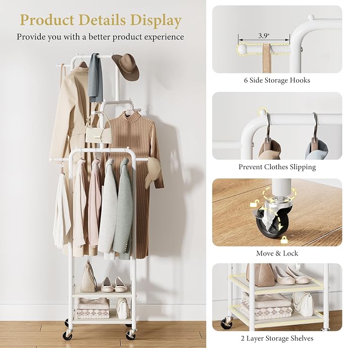 Chrislley Small Clothing Rack With Wheels & 2 Shelves, Narrow Clothes Rack | 3-Section Different Heights Metal Rolling Garment Rack, 71" Tall Portable Coat Rack with 6 Hooks for Bedroom, Entryway, White