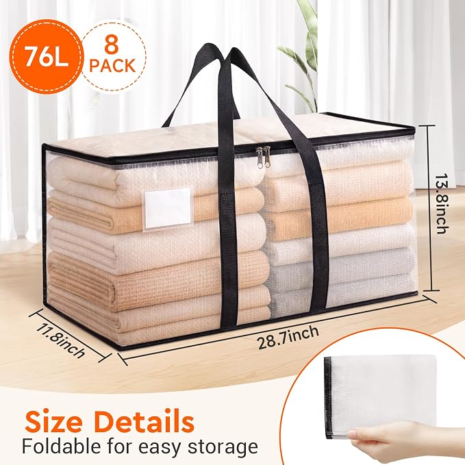 BlissTotes Moving Bags, 76L 8-Pack Storage Bags, Moving Boxes | Moving Box Heavy Duty Extra Large, Moving Totes with Zipper, Large Packing Bag with Reinforced Handles, Packaging Moving