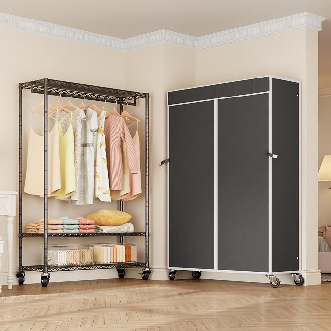 Higeego H4 Plus Rolling Clothes Rack with Cover, Black | Heavy Duty Clothing Rack with Wheels, Portable Closet for Hanging Clothes, Wardrobe Closets Rack with Black Fabric Cover
