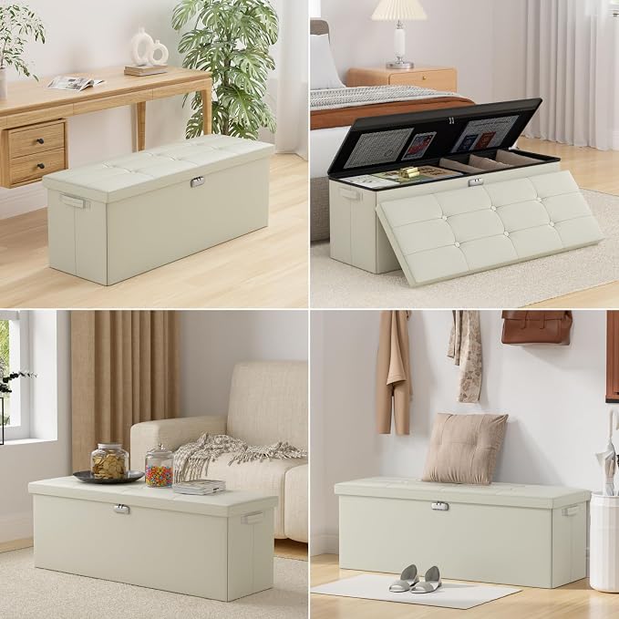 ENGPOW Storage Ottoman, Fireproof Folding Bench with Lock(15”x 43”x15”), Water-Resistant ＆ Heat Insulation Large Storage Chest with Handles＆2 Extra Spaces Safe for Living Room, Bedroom, Home, Beige
