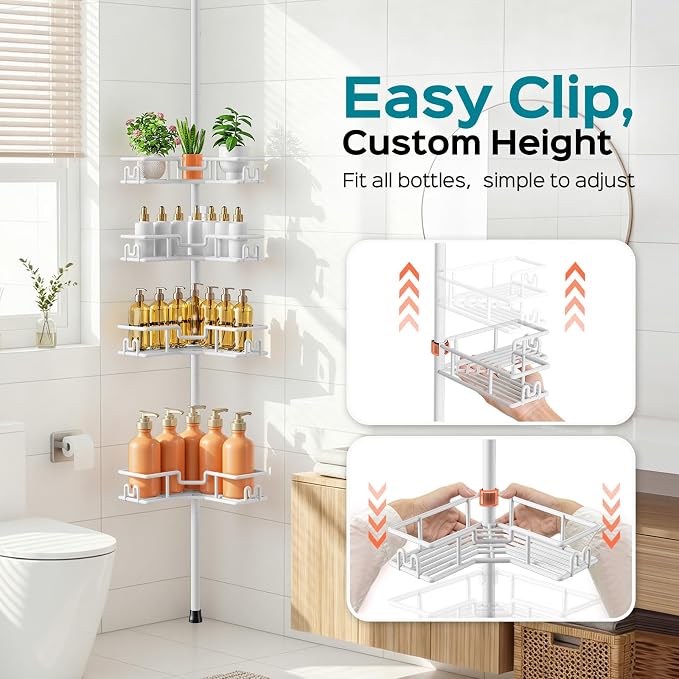 HAMITOR Corner Shower Organizer, 4-Tier Tension Pole Caddy with Hook, White | Rustproof Large Capacity Bathroom Essentials, No Drilling. Heavy Duty, Adjustable For Family, Apartment, Dorm 47.72-123.6in