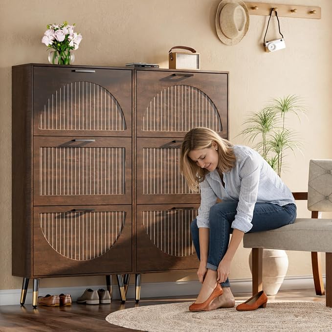 Farmhouse Shoe Cabinet Storage for Entryway, Slim Shoe Rack Cabinet with 3 Flip Drawers, Narrow Shoe Organizer Cabinet with Stylish Round Panel, Metal Leg and Handle