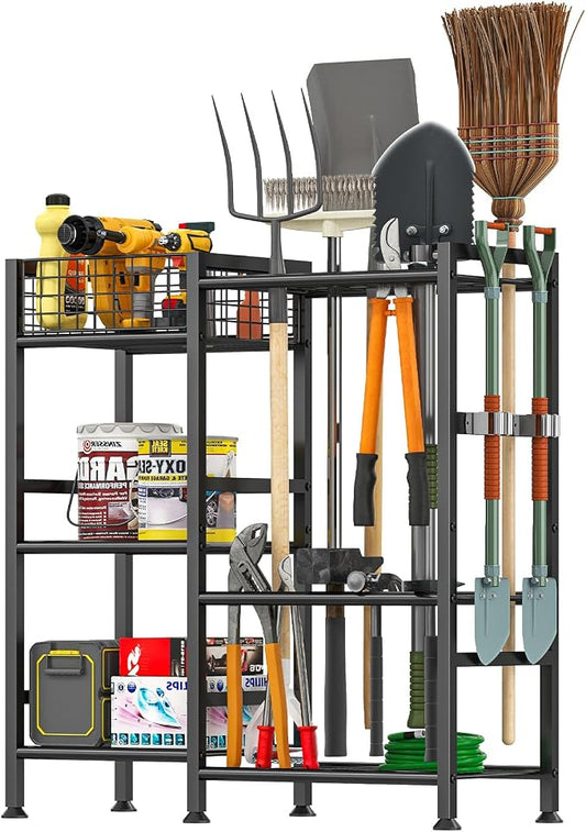 Garden Tool Organizer with Basket, 3-Tier Yard Storage Rack for Garage | 35 Long-Tool Slots: Steel rack adds 11 hooks, 10 small-tool slots, 2 metal clips and 4 leveling feet for sheds or yards.