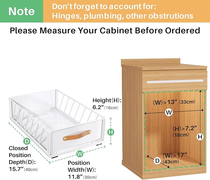Pull out Cabinet Organizer,Heavy Duty Slide out Pantry Shelves Drawer Storage with Adhesive Nano Film,Sliding Mesh Cabinet Basket with Handle for Kitchen, Bathroom, Home, 11.8W" X 15.7"D X 6.2"H,White