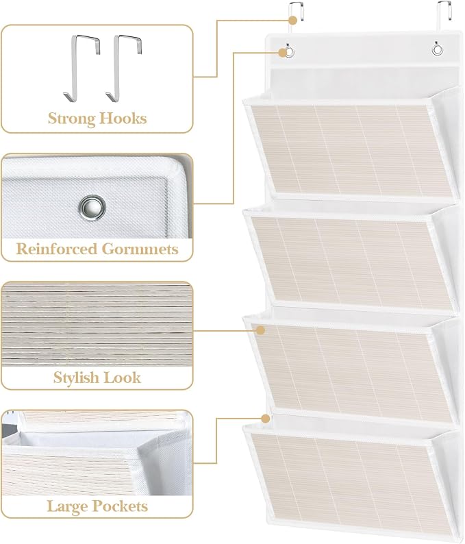 hanging wall file organizer, Over the door file folder organizer with 4 Large Bamboo Pockets, Suitable for Home, Office, Back to School Supplies Storage and Organization (White)