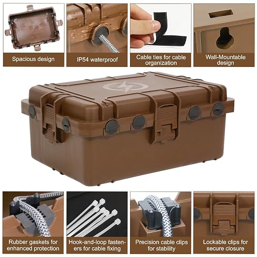Waterproof Electrical Box, Large Outdoor Extension Cord Covers Waterproof, 8 Cable Seal Entry Weatherproof, IP54 Protect Power Strip, Timer Outlet Plug, Socket, Holiday Light Decoration (Brown)