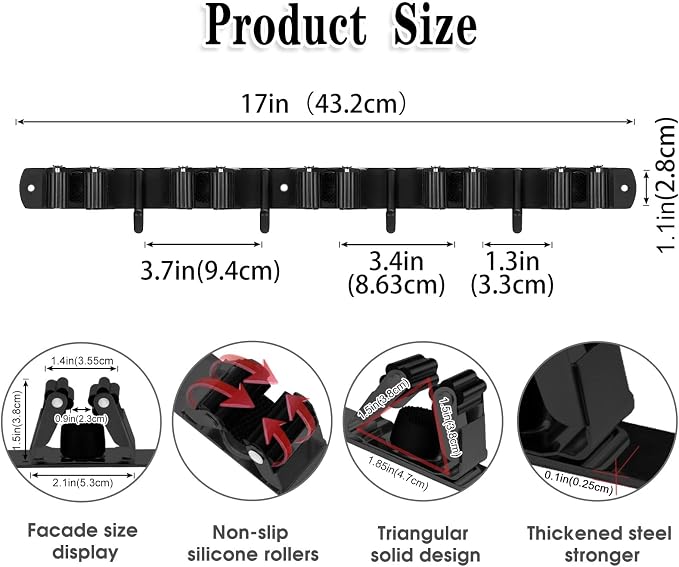 2 Pack Black Broom Holder Wall Mount, 5 Racks 4 Hooks Mop and Broom Holder | Mop Holder Wall Mount and Broom Hanger for Garage, Laundry Room, Kitchen and Utility Storage