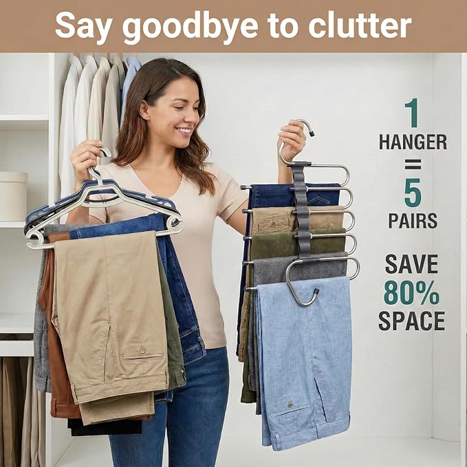 Pants Hangers Space Saving, 5 Tier Jeans Hanger for Closet, Black Multiple Heavy Duty Stainless Steel Pant Rack for Trousers, Legging with 20 Clips (4 Pack)