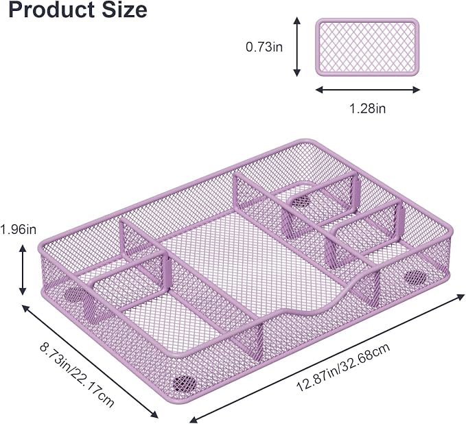 VyGrow Desk Drawer Organizer Tray, Metal Mesh Drawer Organizers Office, 6 Adjustable Compartment, Desk Organizer Tray for Home Office 12.87L x 8.73D x 1.96H inch, Black, 1PC Medium, Purple