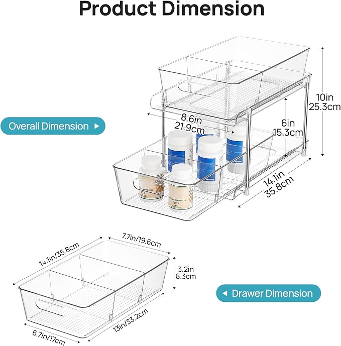 Vtopmart 2 Pack Larger Pull Out Bathroom Under Sink Organizer (M-Standard) | Slide-out drawers, Multi-purpose storage, Clear visibility, Easy Set-up