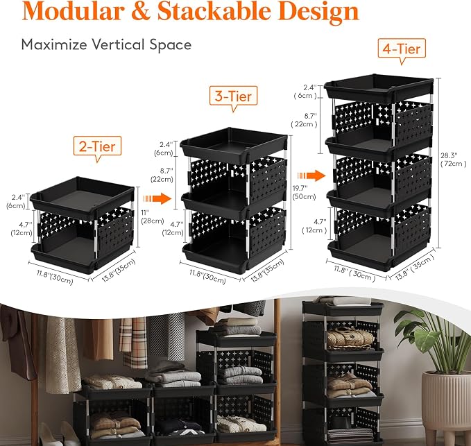 Lifewit 4 Tier Plastic Stackable Storage Baskets for Clothes 2 Pack, Black | Stacking Bins for Food, Multifunctional Organizer for RV, Kitchen, Playroom, Pantry and Bathroom