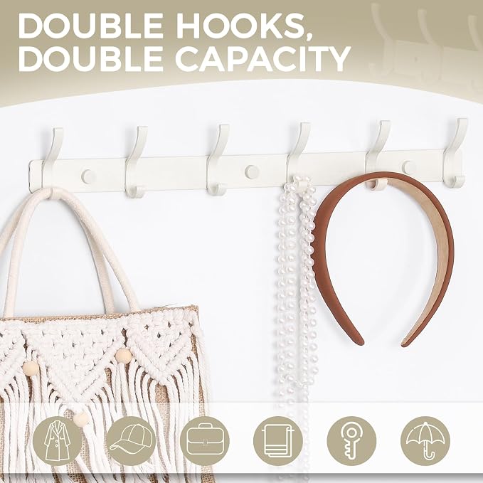 Wall Mount Coat Rack 1 Pack, White Coat Hooks Hanger with 6 Double Hooks | Zinc Alloy, Smooth Hook Edges, Screw Installation, Double Hooks，Greater Storage Space for Hanging Robes, Clothes, Bags, Hat