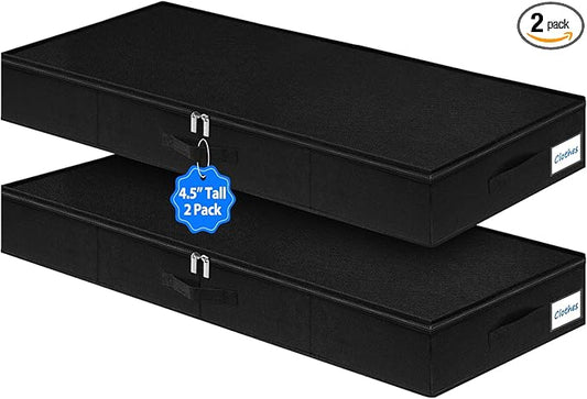 4.5-In Low Profile Under Bed Storage, Rigid Support, 2 Pack, Black | Thin Clothes Storage, Rigid Sides & Bottom, Zipped Lid, Reinforced Handles, Limited Clearance, Couches, Cribs, Dorm Beds