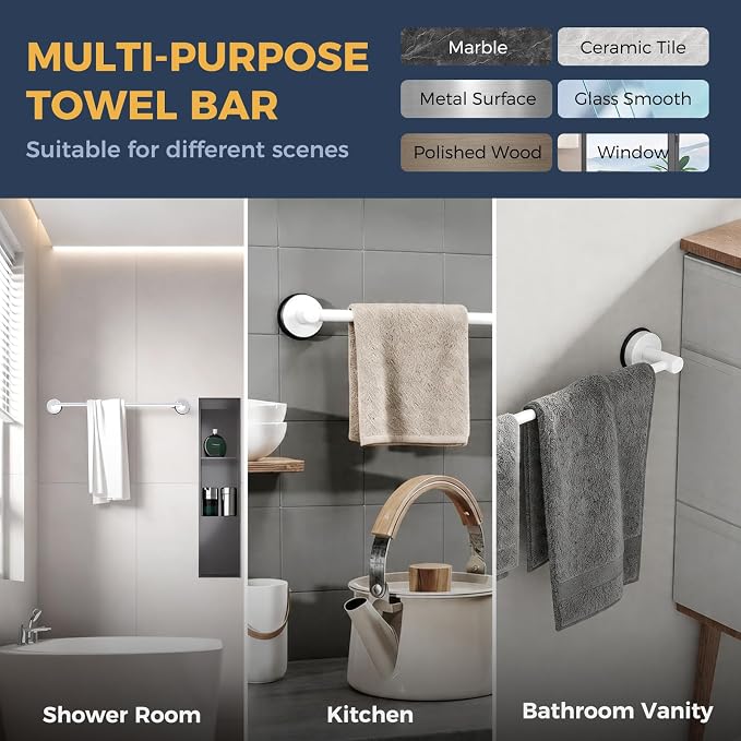 14.6inch~24inch Towel Racks for Bathroom,Adjustable Suction Cup Towel Bar for Bathroom Wall,Stainless Steel Bath Towel Holder for Shower(Bright White)
