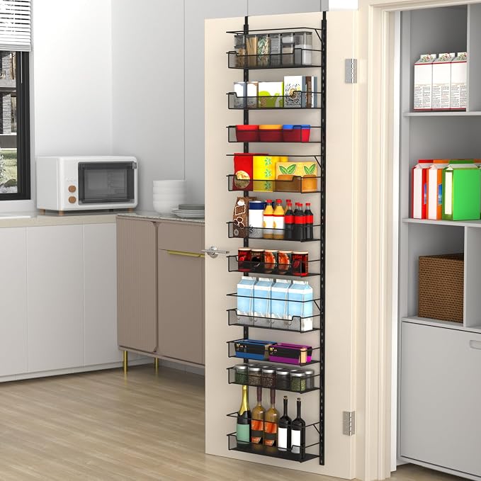 VyGrow Over the Door Pantry Organizer, 10-Tier Over the Door Organizer with Adjustable Basket, Door Organization for Pantry Kitchen Storage Room Spice Rack, Black