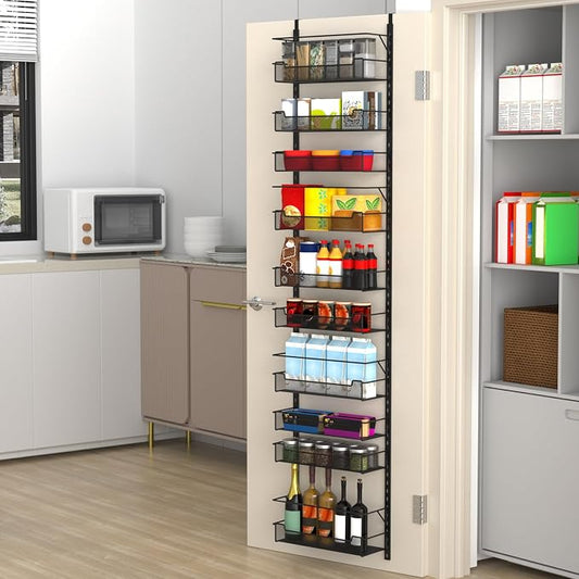 VyGrow Over the Door Pantry Organizer, 10-Tier Over the Door Organizer with Adjustable Basket, Door Organization for Pantry Kitchen Storage Room Spice Rack, Black