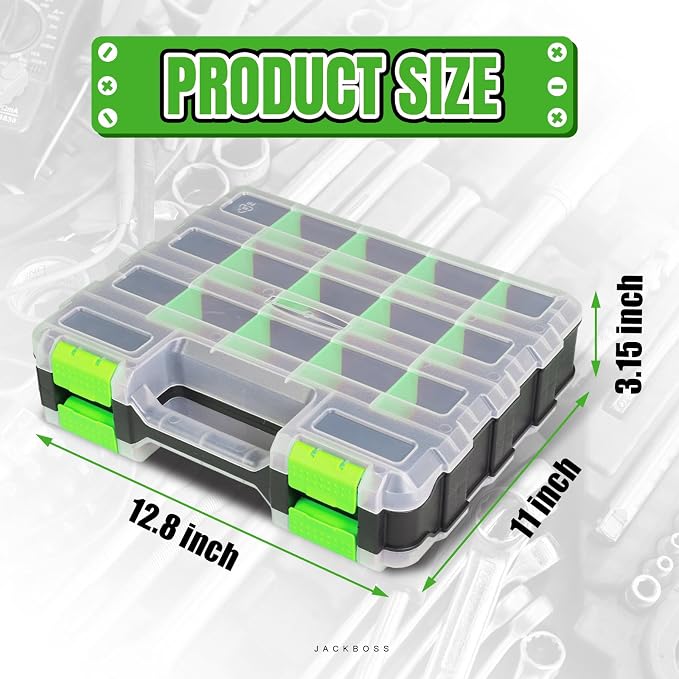 Jack Boss Tool Box with Transparent Lid, Double Side 34-Compartments Organizer Box with Removable Dividers for Hardware, Screws, Bolts, Nails, Beads, Jewelry and Fishing Accessories, Green, 2 Pack