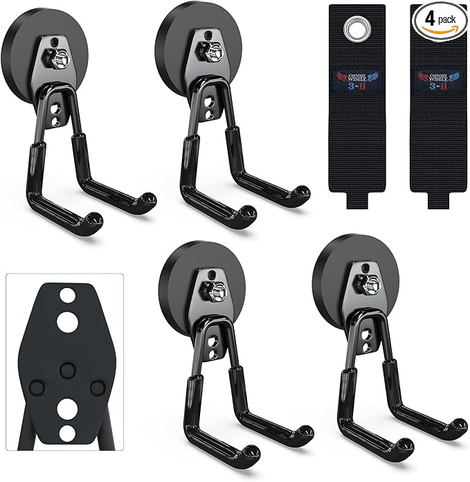 3-H Heavy Duty Magnetic Hooks, Large Magnet Hooks,4 Pack Black | No-Drill Tool Holder for Garage,Power Drill,Garden Tools,Hose Storage