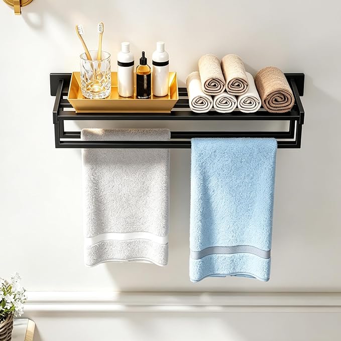 STWWO Towel Racks for Bathroom Wall Mounted, 24 Inch Black Double Towel Bar | Dual Towel Rack with Shelf, Double Towel Bar with Shelf, Stainless Steel Hand Towel Hanger, Bath Towel Holder for Wall