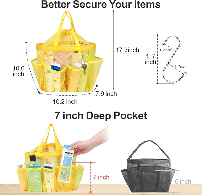 Mesh Shower Caddy Portable with Drawstring - 2-Handle Shower Bag for Dorm | 8 Deep Pockets, S-Hook, Quick-Dry Mesh, College Dorm Room Essentials for Girls, Camping, Gym, Travel, Yellow