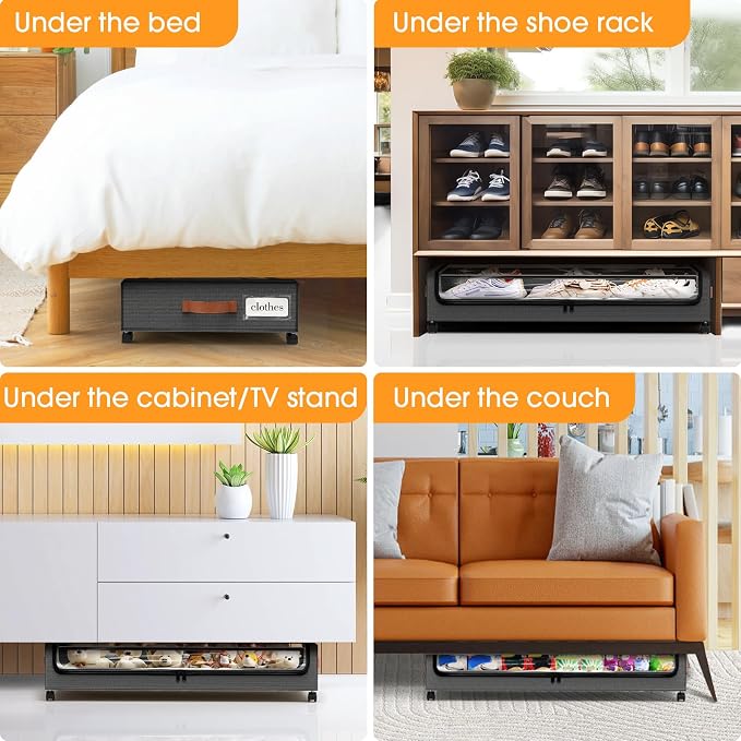 SpaceHacks Under Bed Storage with Wheels 3Pack Storage Containers with Clear Window&Label Under Bed Drawers Rolling Under Bed Storage for Clothes,Shoes, Blankets (30.71 x 16.93 x 6.69 in, Dark Grey)