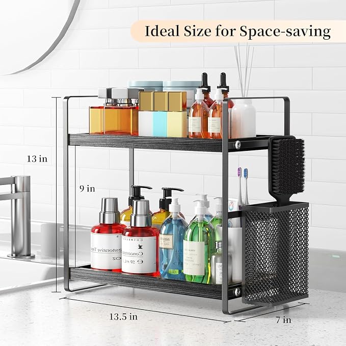 Bathroom Organizer Countertop, Counter Organizer for Bathroom Decor, Wooden Sink Shelf for Vanity Storage, Makeup Tray for Perfume Skincare Bedroom Kitchen Corner (Black)