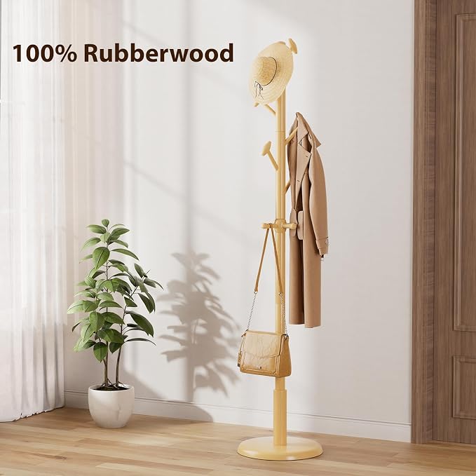 Taitiy Solid Wood Coat Rack Freestanding Coat Tree with 10 Hooks | with 10 Hooks for Bedroom, Livingroom, Entryway, Sturdy Coat Hanger Stand for Hats, Coats, Scarves, Handbags, Purses(Natural)