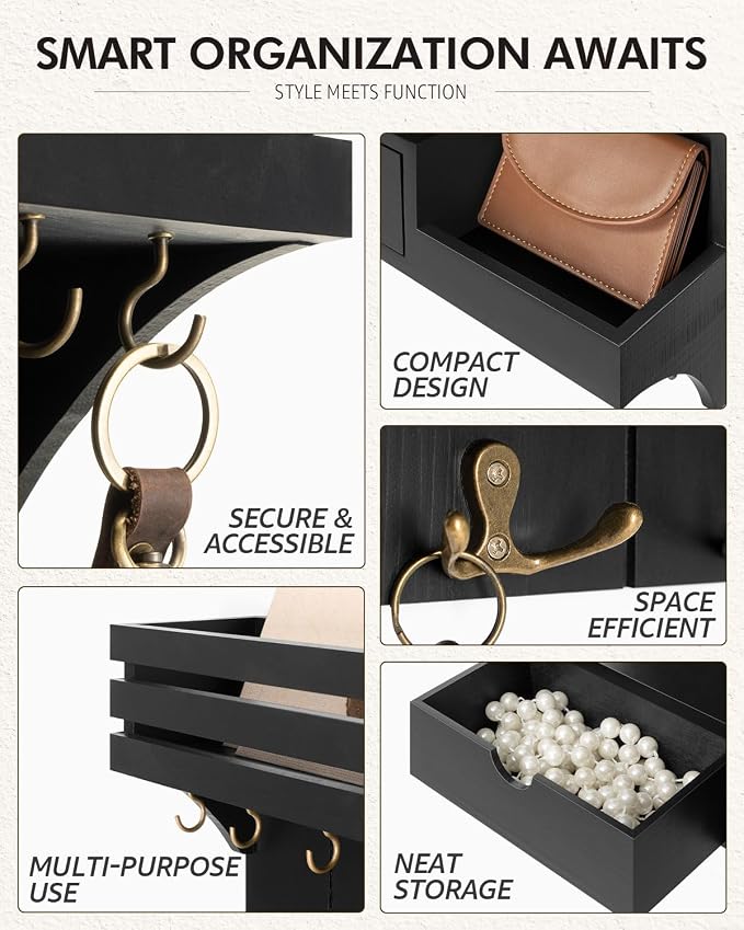 Rebee Vision Key Holder Wall Mount with 9 Key Hooks for Home Decor, Black | Sturdy Wood, Key Holder for Wall, Mail Sorter, Floating Wall Shelf, Drawer Organizer, Key Hanger Room Decor Aesthetic