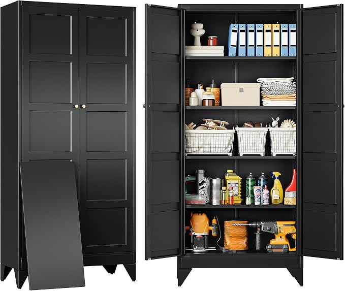 SISESOL Pantry Storages Cabinet with 2 Doors and 5 Shelves,Tall Storage Cabinet,Large Cupboard Closet,Metal Storage Cabinet for Home,Bathroom,Dining/Living Room (Black, 71" H)